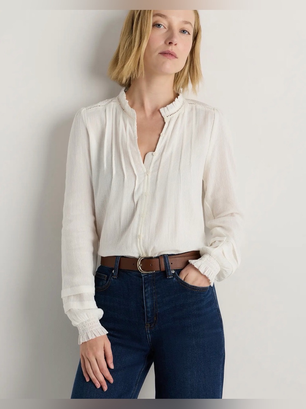 NWT Organic Textured Cotton Peasant Blouse in White, Size L